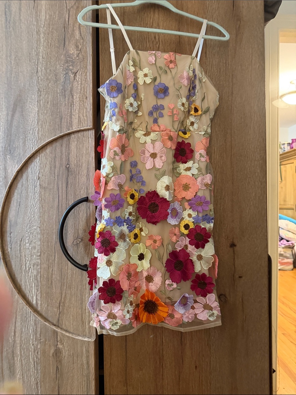 Floral Embroidered Beige Sundress with Multicolor Flowers